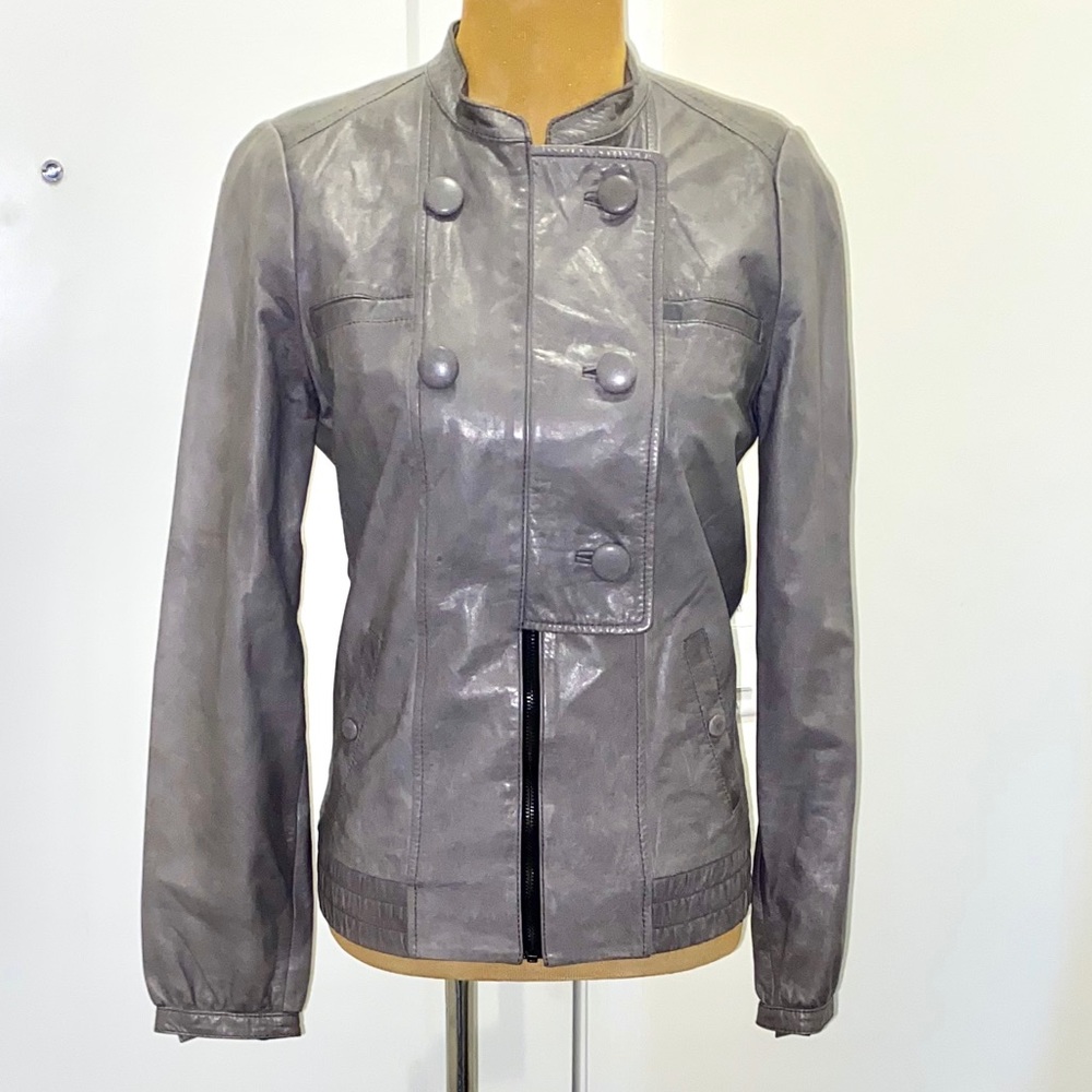 😻 RARE modern amusement grey leather jacket Sz L